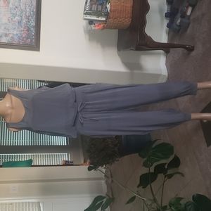 NY & CO. M shimmery silver racerback jumpsuit exposed back zip pockets